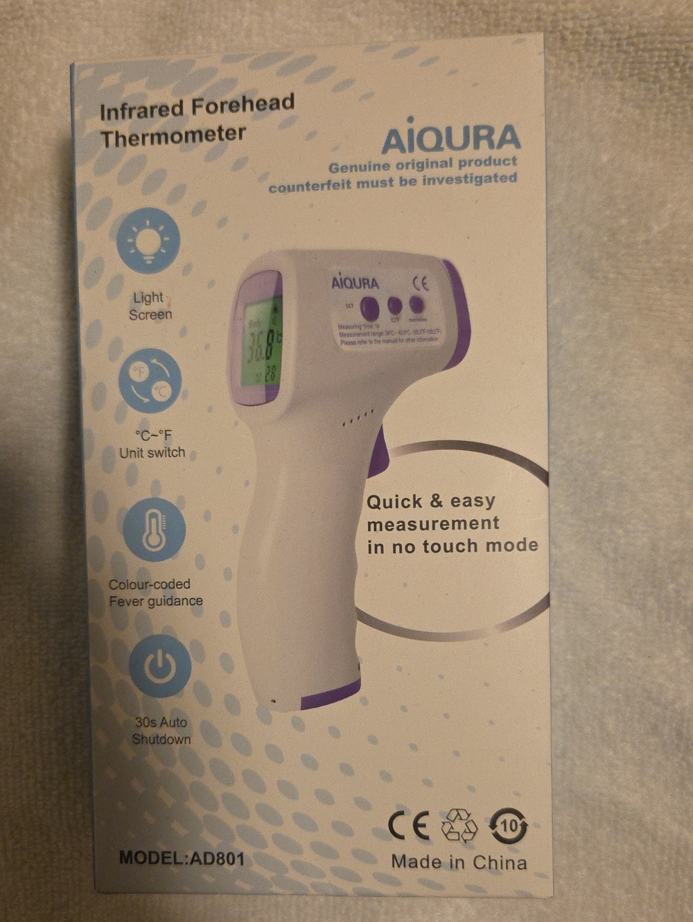 White and Purple Infrared Forehead Thermometer - No-Touch Digital Fever Detector